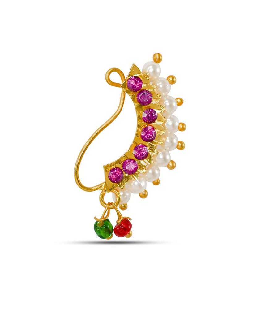 Buy Jewelopia Maharashtrian Pearl Nath Red CZ Nose Stud Pin Traditional  Bridal Nath Wedding Jewelry Marathi Nose Ring Without Piercing Pearl Gold  Plated Clip On Press Nath For Girls Online at Best